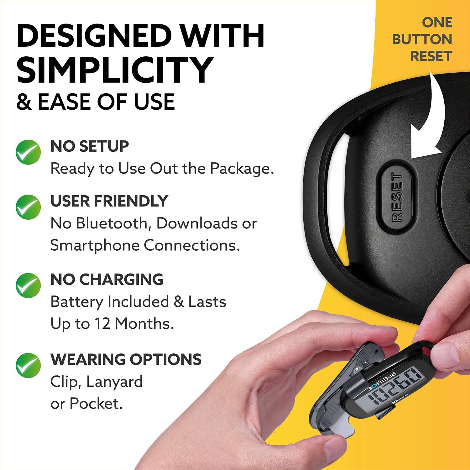 3DFitBud Simple Step Counter Walking 3D Pedometer with Clip & Lanyard - A420S - Black 3