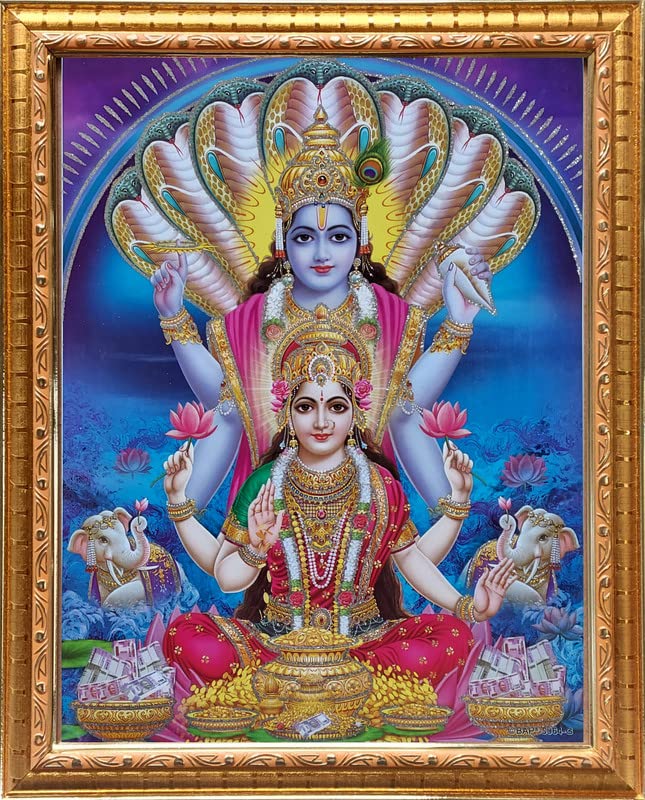 Art Lakshmi Narayana Photo frame | Zari Shining Print | Golden Frame without glass | Frame for Living Room,Gift,Temple,Pooja Room,Home Décor | Size(10x12.5)