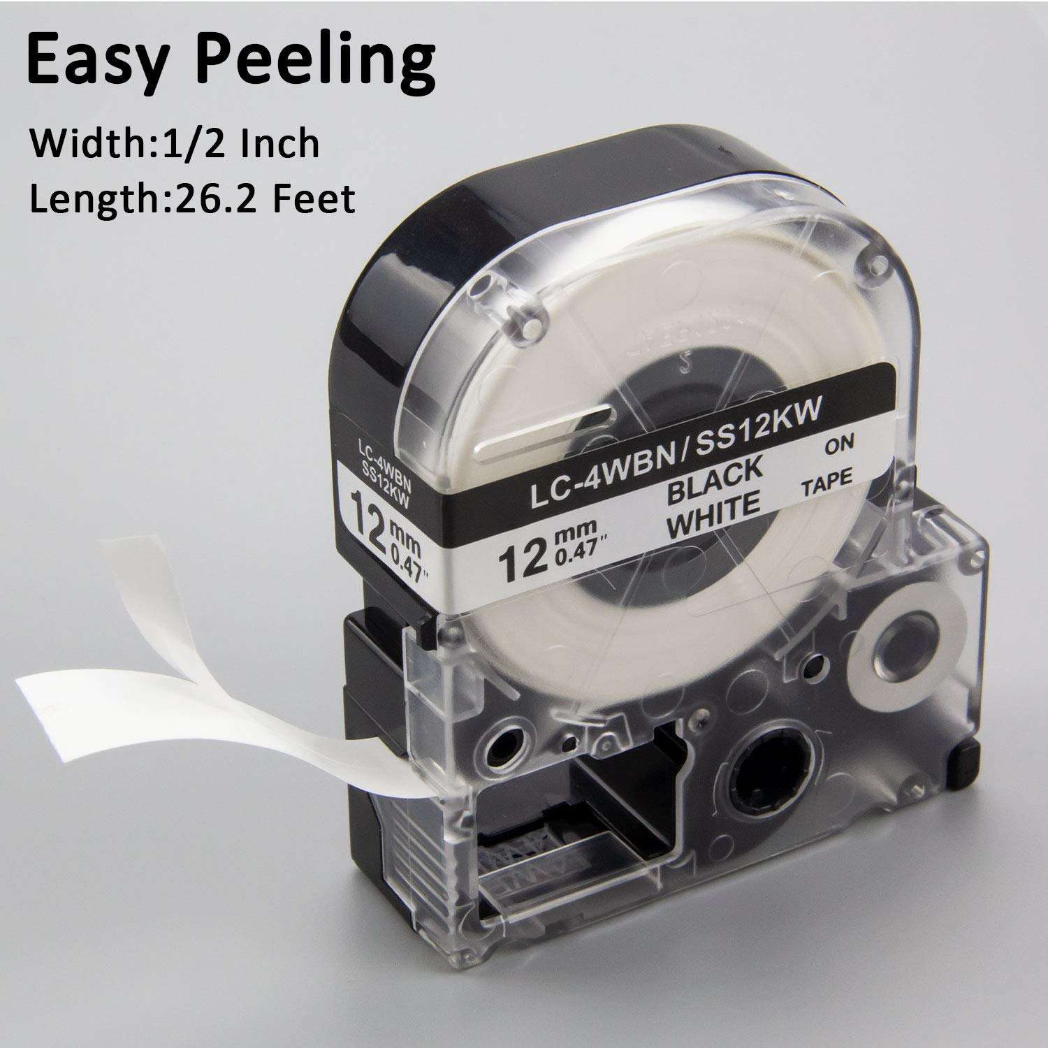 Pristar Compatible Label Tape Replacement for LC-4TBN LK-4TBN ST12KW 12mm 1/2 Inch Black on Clear Refills Label Tape Cartridge for Epson LabelWorks LW300 LW400 LW600P LW700 LW-900P Label Maker, 4-Pack 2