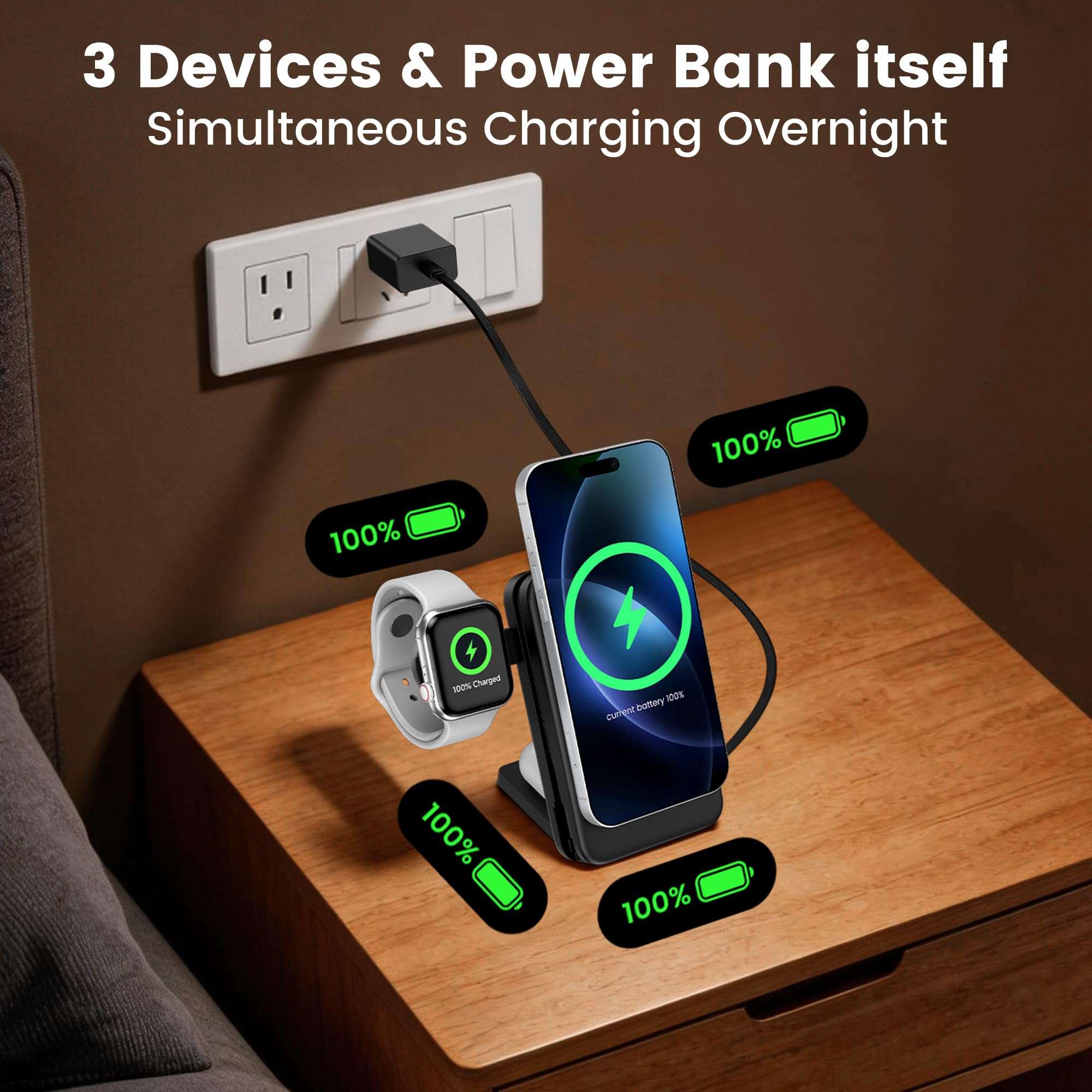 FELIZUPER 5-in-1 Portable Charger,10000mAh Foldable Power Bank Fast Charging Station Built-in USBC cable Travel,for MagSafe Battery Pack Magnetic for iPhone 17/16/15/14/13/12,Apple Watch,Airpods,Black 5