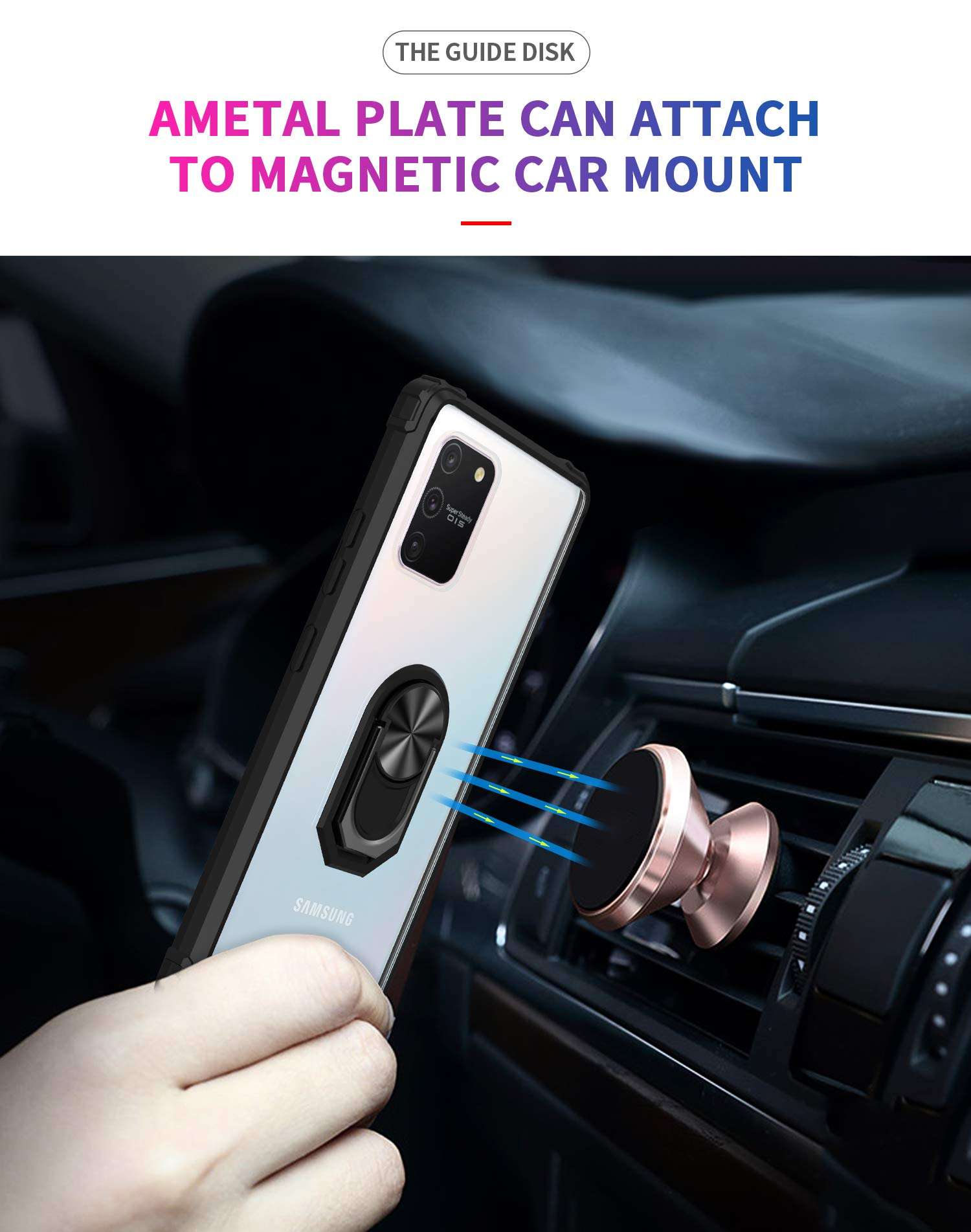 AFARER Compatible with Samsung Galaxy S10 Lite/ A91/ M80S Case Crystal Clear Series Military-Grade Anti-Yellow Shock Back Cover Ring with 360 Ring Magnetic Car Mount Kickstand - Black 3