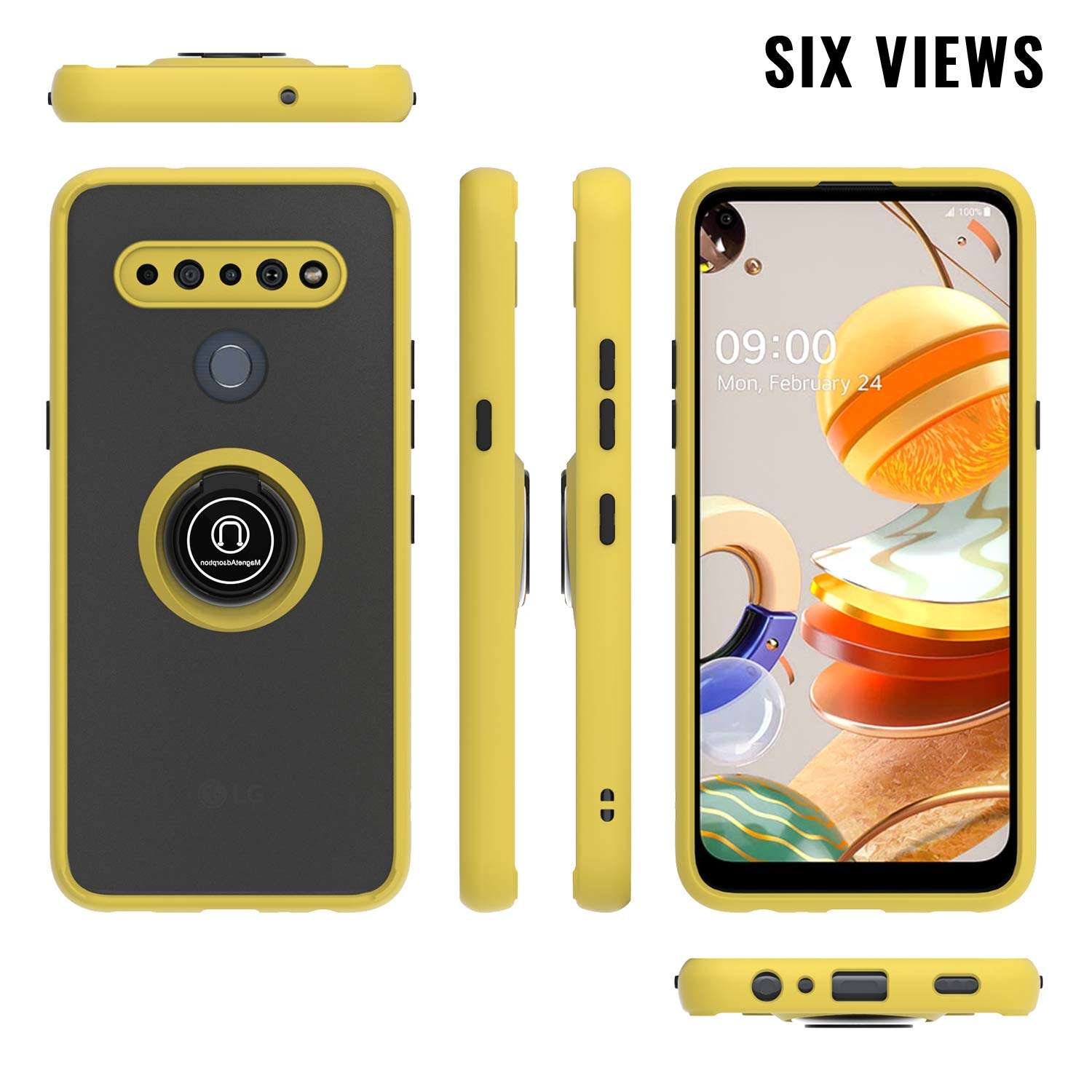 KWEICASE Cell Phone Case for LG K61, LG K61 Case with 360 Degrees Rotate Magnetic Kickstand Soft TPU Bumper Matte Clear Hard PC Dropproof Shockproof Protective Cover Case, Yellow 2