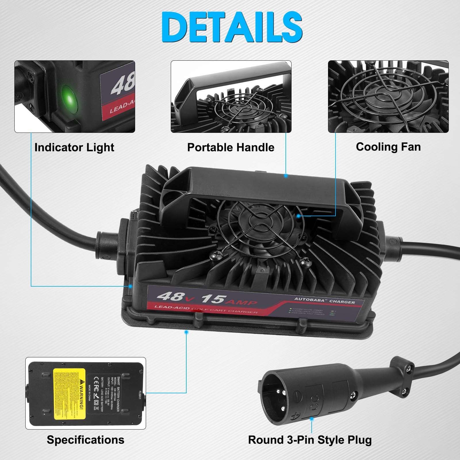 AUTOBABA 48 Volts 15 AMP Golf Club Car Battery Charger 3-Pin Round Style Plug Charger Compatible with 1995-Present DS & Precedent Club Carts (Lead Acid) 5