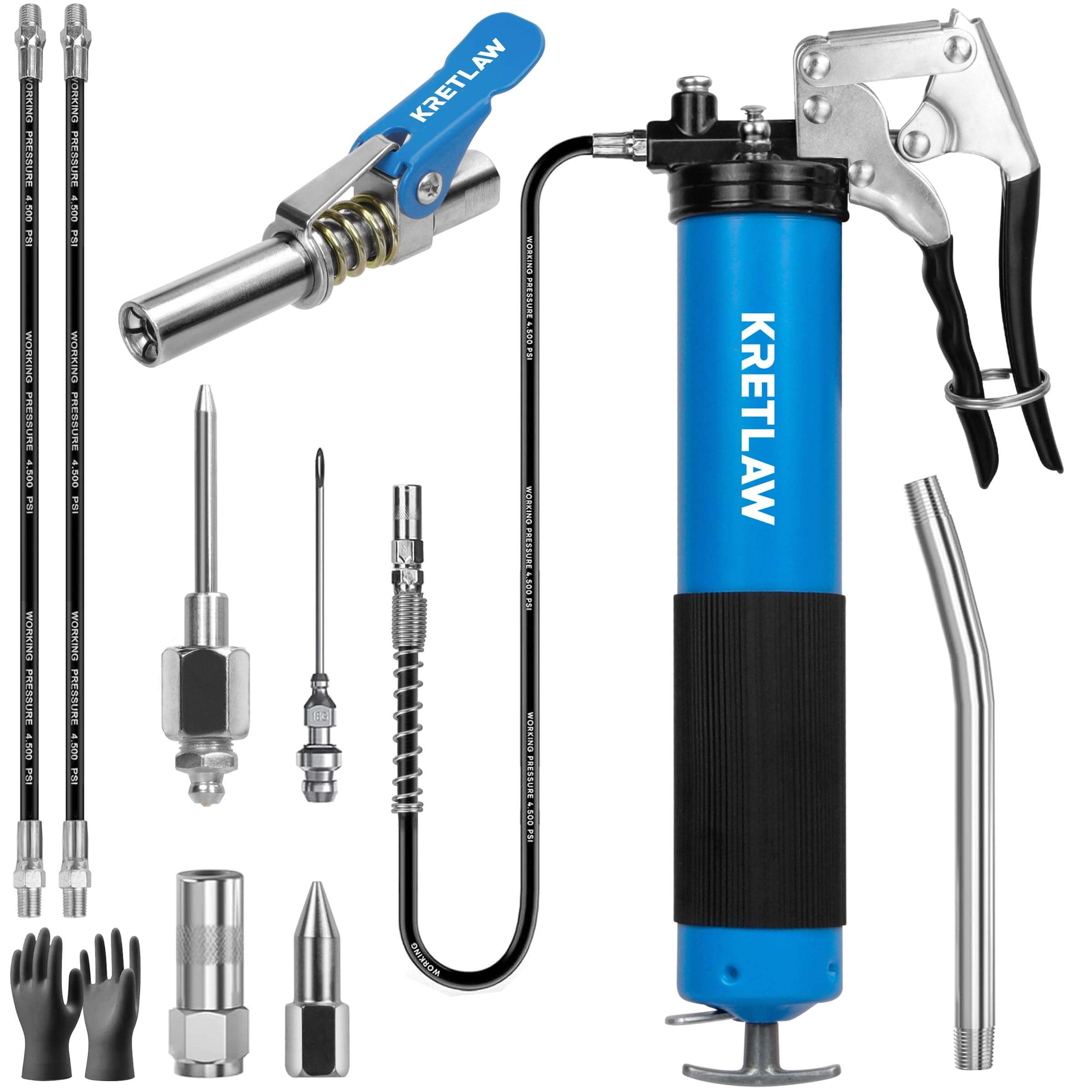 KRETLAW Grease Gun, 7000 PSI Heavy Duty Professional Pistol Grip Grease Gun Kit 14 OZ with Coupler, Double Grease Injector Needles, 18" & 2pc 12" Flex Hoses and Reinforced Glove 1