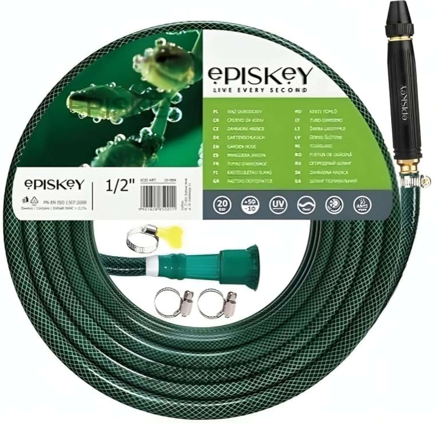 Episkey Heavy Duty 10 Meter Garden Hose | Flexible Expandable WaterPipe with Double Latex Core & Braided Outer Layer | Stainless Metal Spray Nozzle Gun, Tap Connector, 2 Hose Clamps | Leak & Kink free