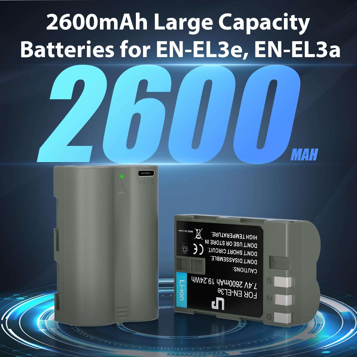 LP EN-EL3e, EL3a, EL3 Battery, 2600 mAh Battery Compatible with Nikon D700, D300s, D300, D200, D100, D90, D80, D70s, D70, D50, MH-18, MH18a, MH-19, MB-D200, MB-D10 Camera 3