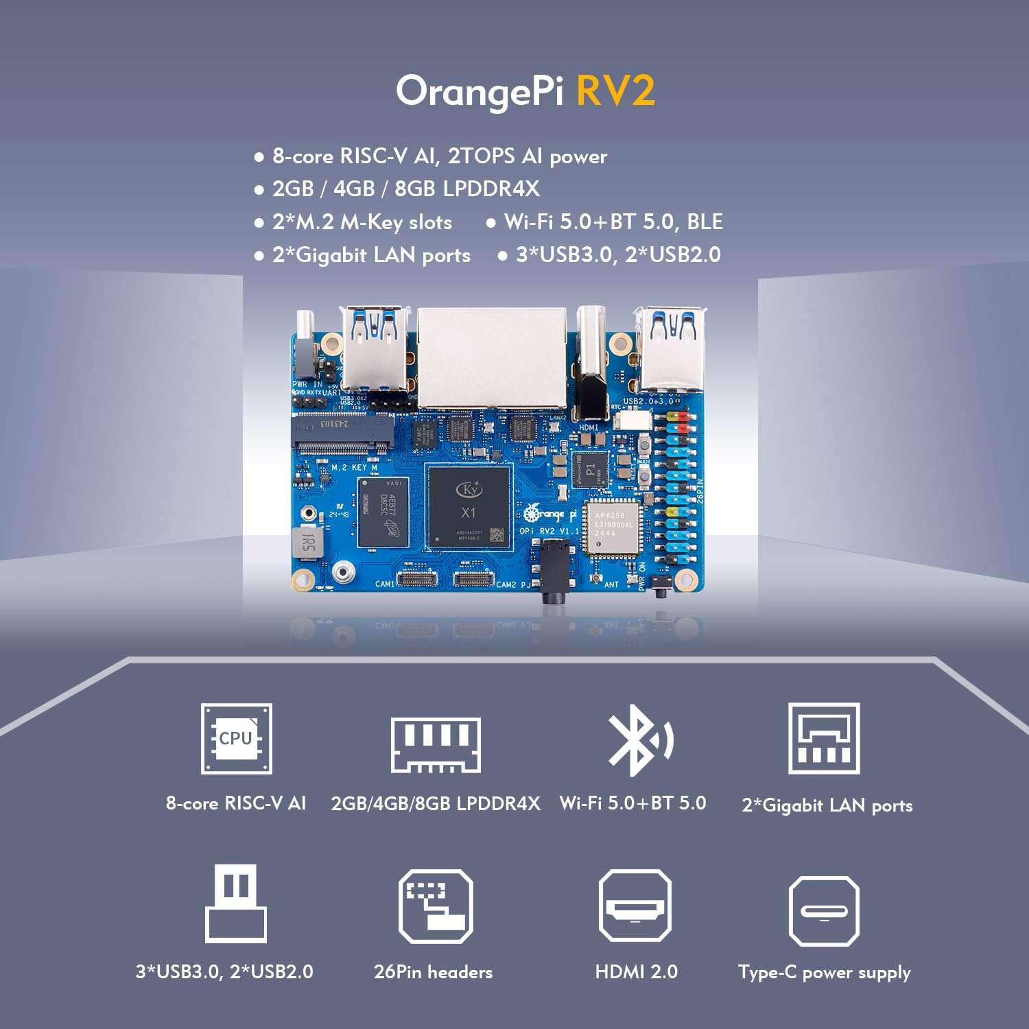 Orange Pi RV2 2GB/4GB/8GB LPDDR4x RISC-V Single Board Computer with 8-Core 64-Bit Processor, Wi-Fi 5.0/Bluetooth 5.0, Development Board Run Linux/Ubuntu/OpenHarmony (4GB+Power Supply) 4