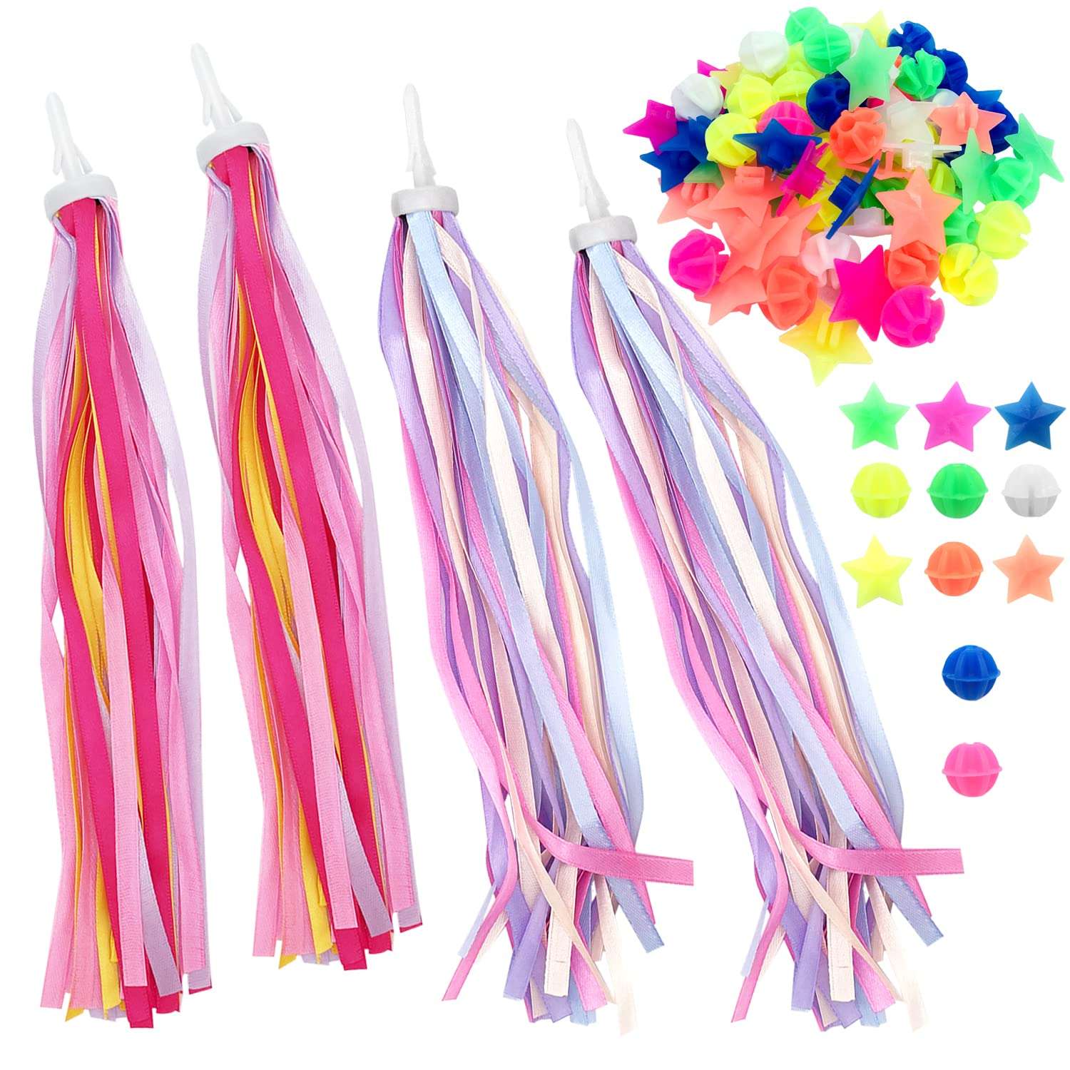 144 Pieces Bike Wheel Spokes Beads + 4 Pack Bike Handlebar Streamers, Bicycle Decoration Spoke Plastic Clip Round Decor Beads with 2 Pairs Colorful Bike Handgrip Streamers Tassel Ribbons for Girl Boy 1