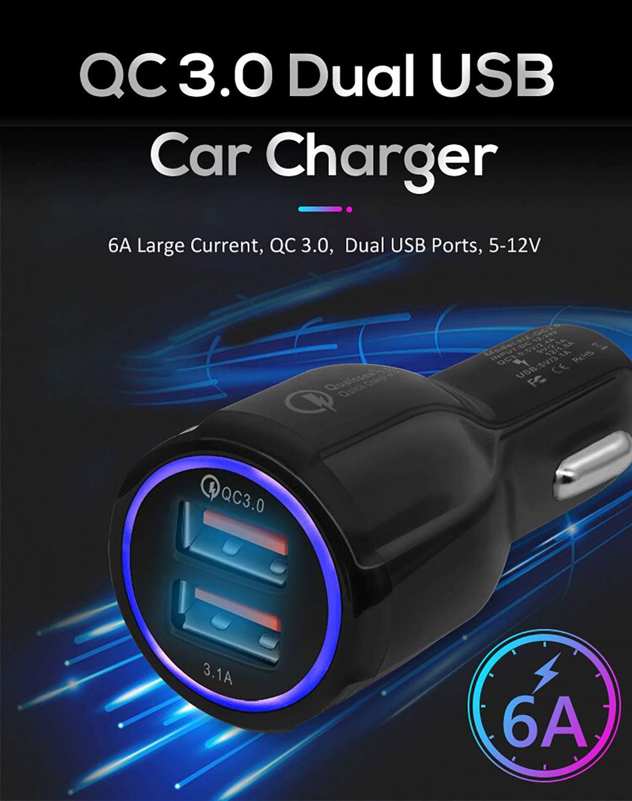 HIKER Dual Port Rapid Car Charger (Qualcomm Certified) with Quick Charge 3.0 & 2.4A Smart Adapter for All Mobile (Black) (Smart-Car-Charger-6.0A) 5