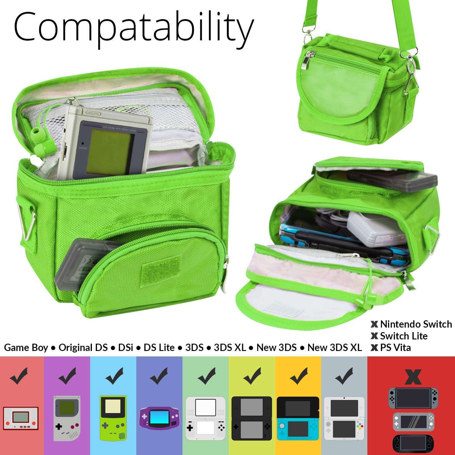 Orzly Travel Bag for Nintendo DS Consoles (New 2DS XL / 3DS / 3DS XL/New 3DS / New 3DS XL/Original DS/DS Lite/DSi/etc.) - Includes Belt Loop, Carry Handle, Shoulder Strap - Green 6