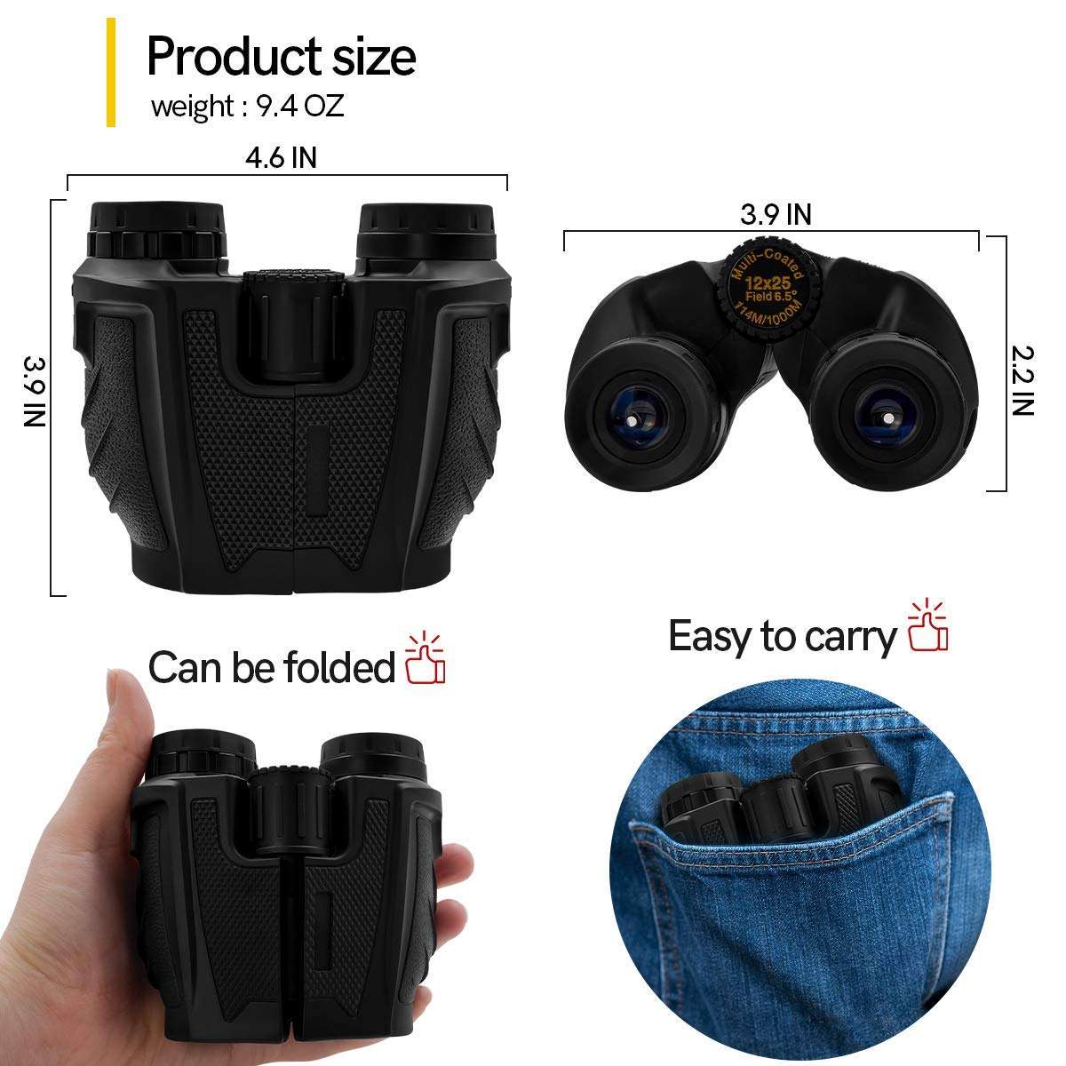 12x25 Compact Binoculars for Adults and Kids, HD High Power Binoculars with Large Eyepiece Clear Weak Light Night Vision, Lightweight (0.6 lbs) Binoculars for Bird Watching, Hunting, Travel, Concerts 6