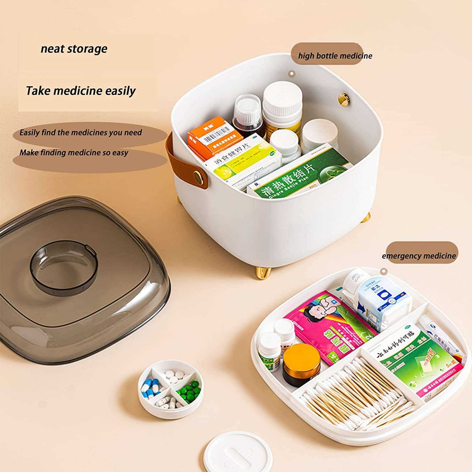 Rhyhorn Family Plastic Medicine Box, Household First-Aid Kit, First Aid Storage Box with Carry Leather Handle Medicine Box for Travel, Car, Home (GREY) 5