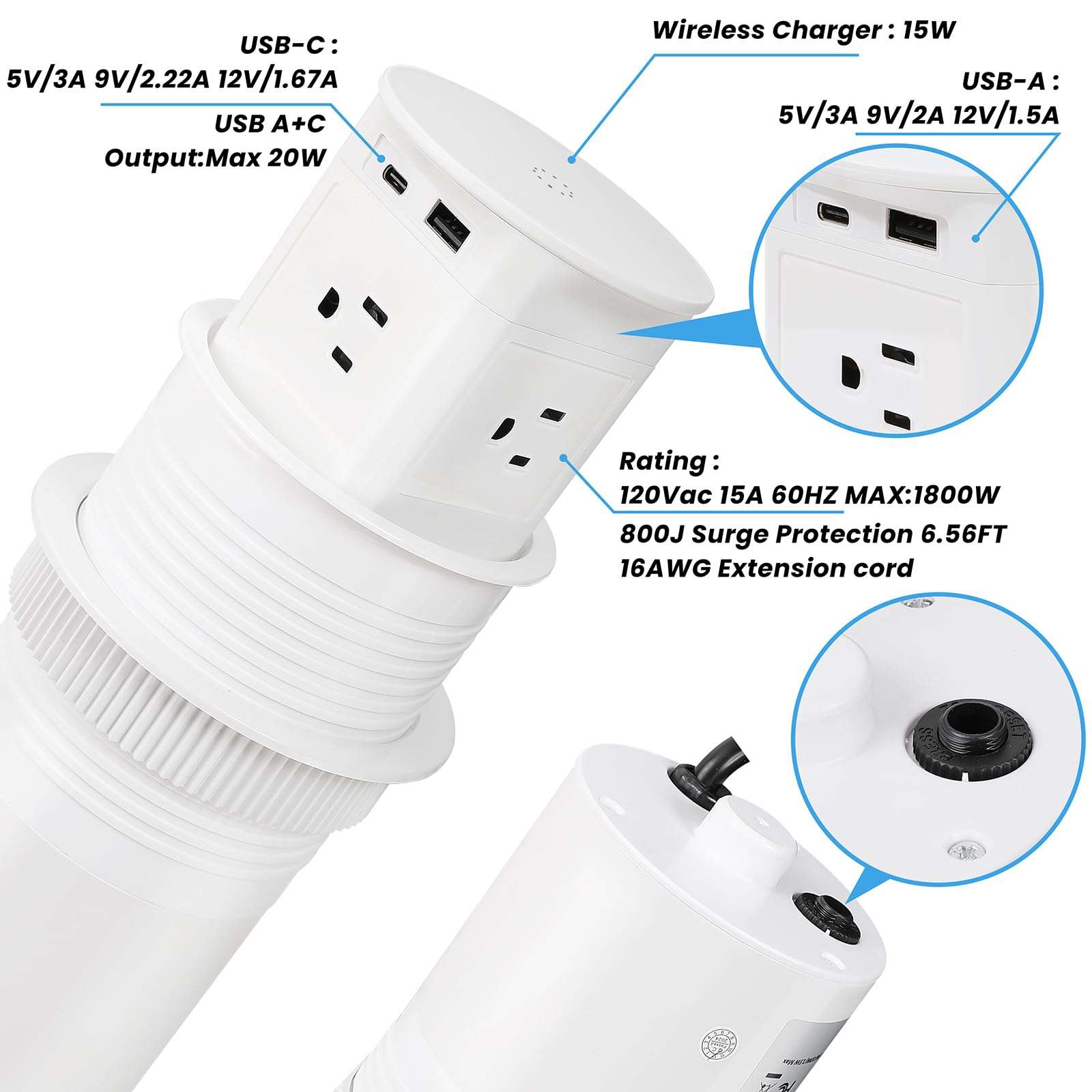 Pop Up Outlet for Countertop, 15W Wireless Charger, 4 Outlets, 1 PD20W USB-C, 1 QC18W USB-A, 3.94 in Desk Hole Power Grommet 4