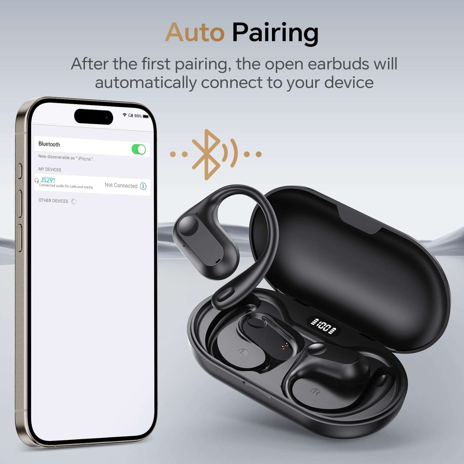 Open Ear Headphones Wireless Earbuds Air-Conduction Bluetooth Earphones LED Digital Display 24H Playtime Over Ear Buds Stereo Sound Lightweight with Earhooks for iPhone Android Cell Phones Sports Work 6