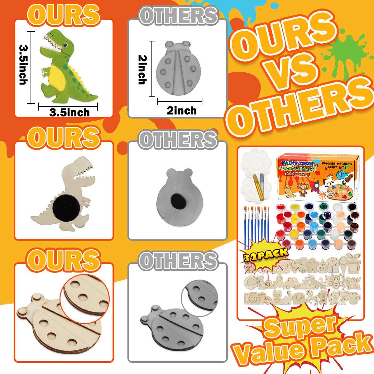 Hamsoo 32 Pack Wooden Arts and Crafts Age 4 5 6 7 8 9 10, Paint Your Own Wooden Magnet for Kids Painting Craft Kit and Art Set Age 8-12 Boys and Girls Party Favors, Supplies Art and Crafts Set 4