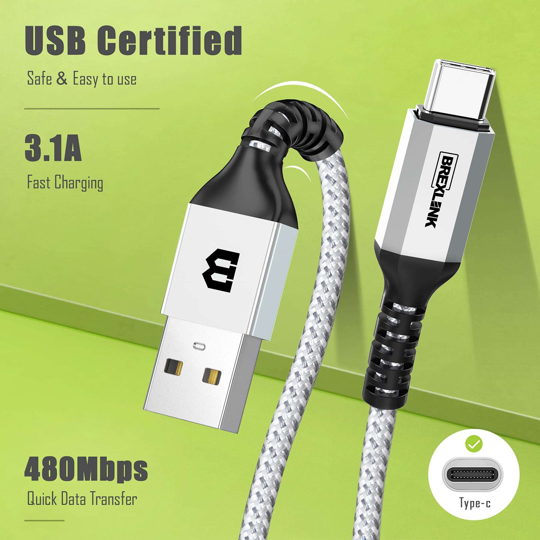 BrexLink USB C Cable, Type C Charger USB 3A Charging Cable Fast Charge for Samsung Galaxy S22 Plus Ultra S21 S22 Plus, Moto G7 G8, Other USB Type c Charger 5