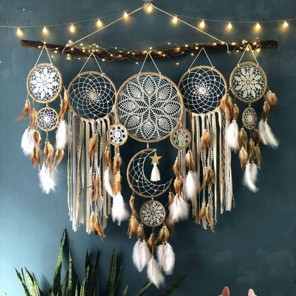 Set of 5 Boho, Hanging Large Boho Dream Catcher Macrame Wall Hanging Moon Dream Catcher Set Dream Catchers Wall Decor for Vintage Wedding Home Decorations (E) 1