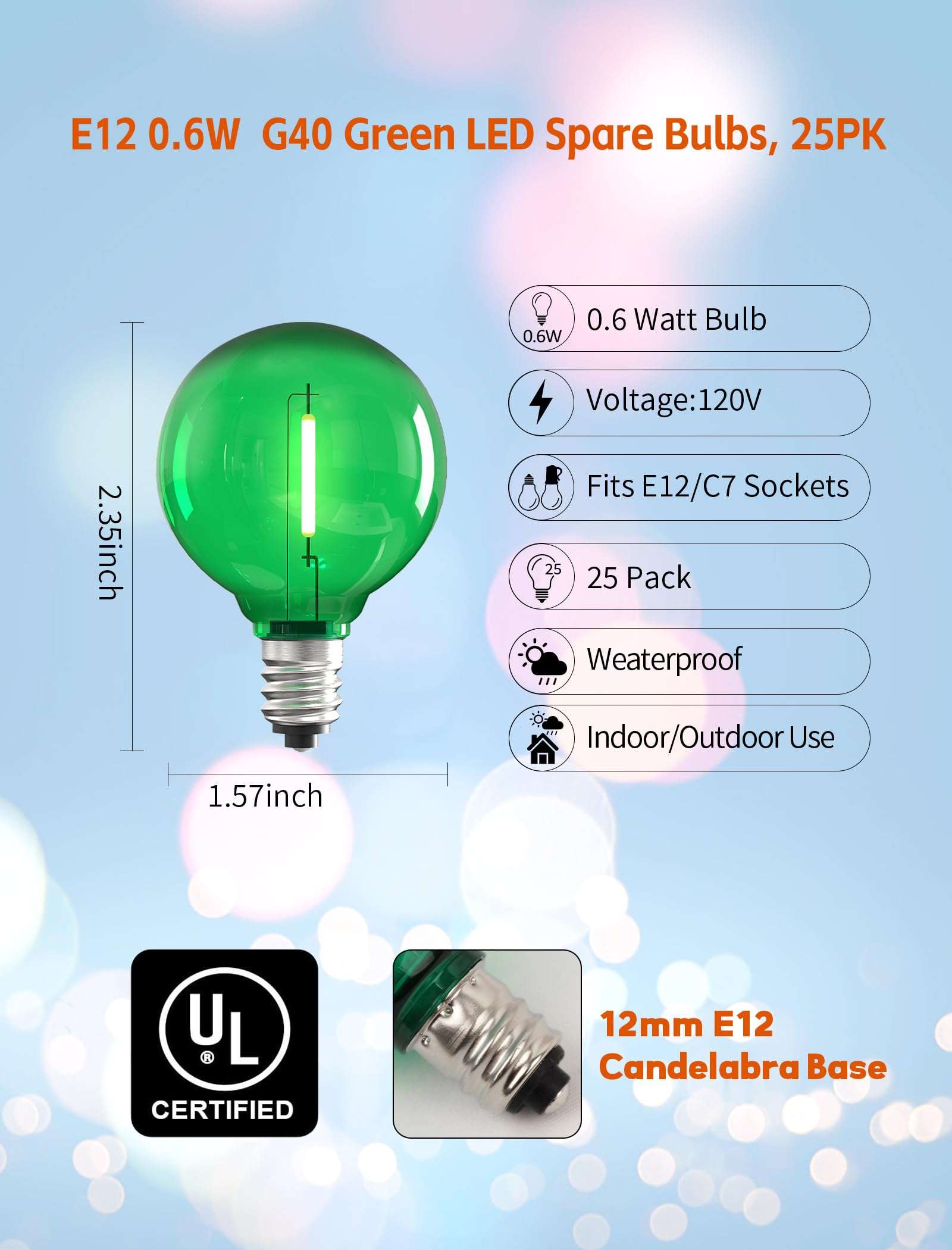 25 Pack Green G40 LED Bulbs, Commercial Grade E12 Base Replacement Bulbs for Outdoor Patio String Lights - 0.6W LED Globe Light Bulb (5W Equiv), Shatterproof Plastic for Holiday & Events (120V) 3