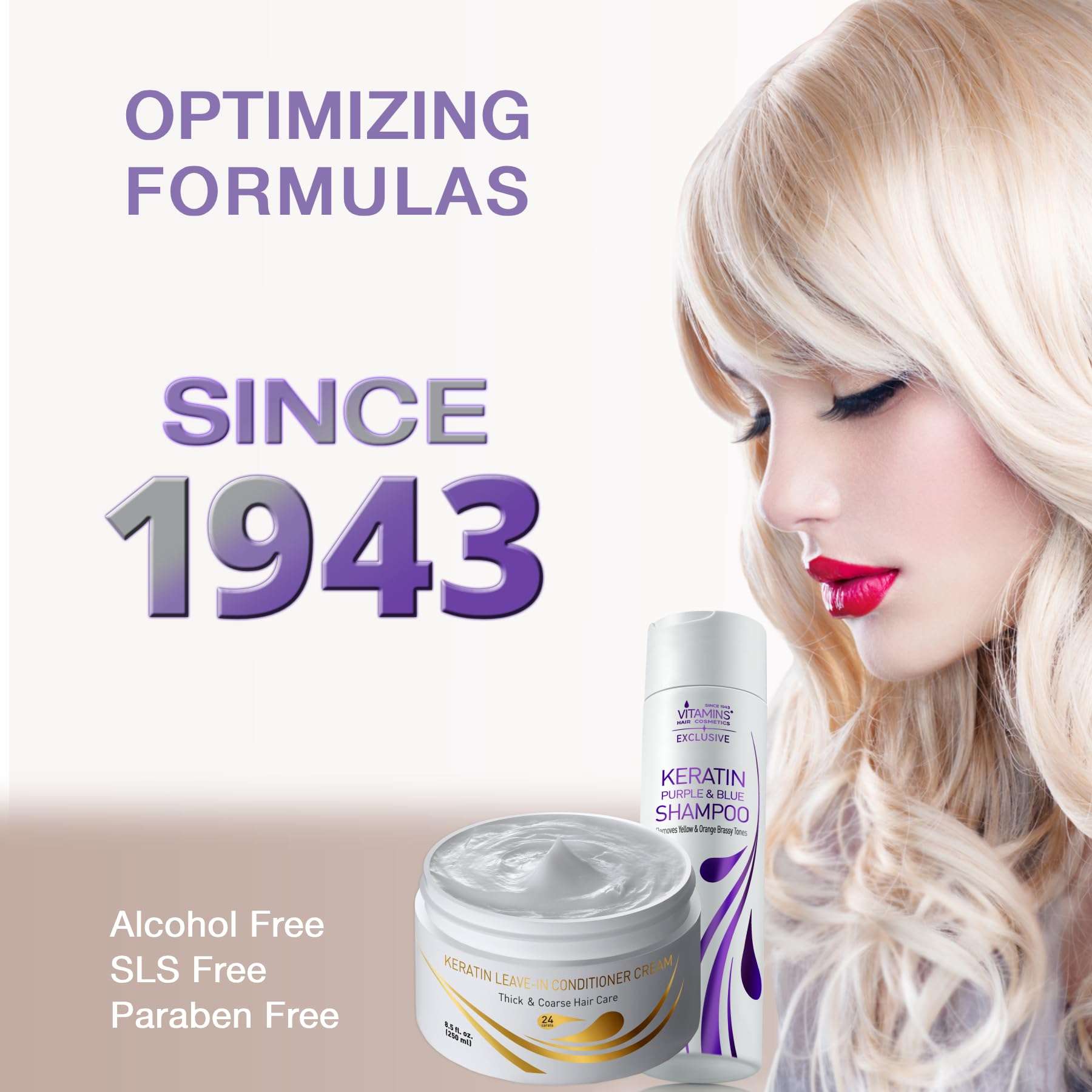 VITAMINS hair cosmetics Keratin Thick Hair Leave-In Conditioner & Purple Shampoo Kit, Pro Salon No Rinse Moisturizer for Dry Thick Hair & Anti-Brass Shampoo for Bleached Blonde Platinum Silver Hair 5