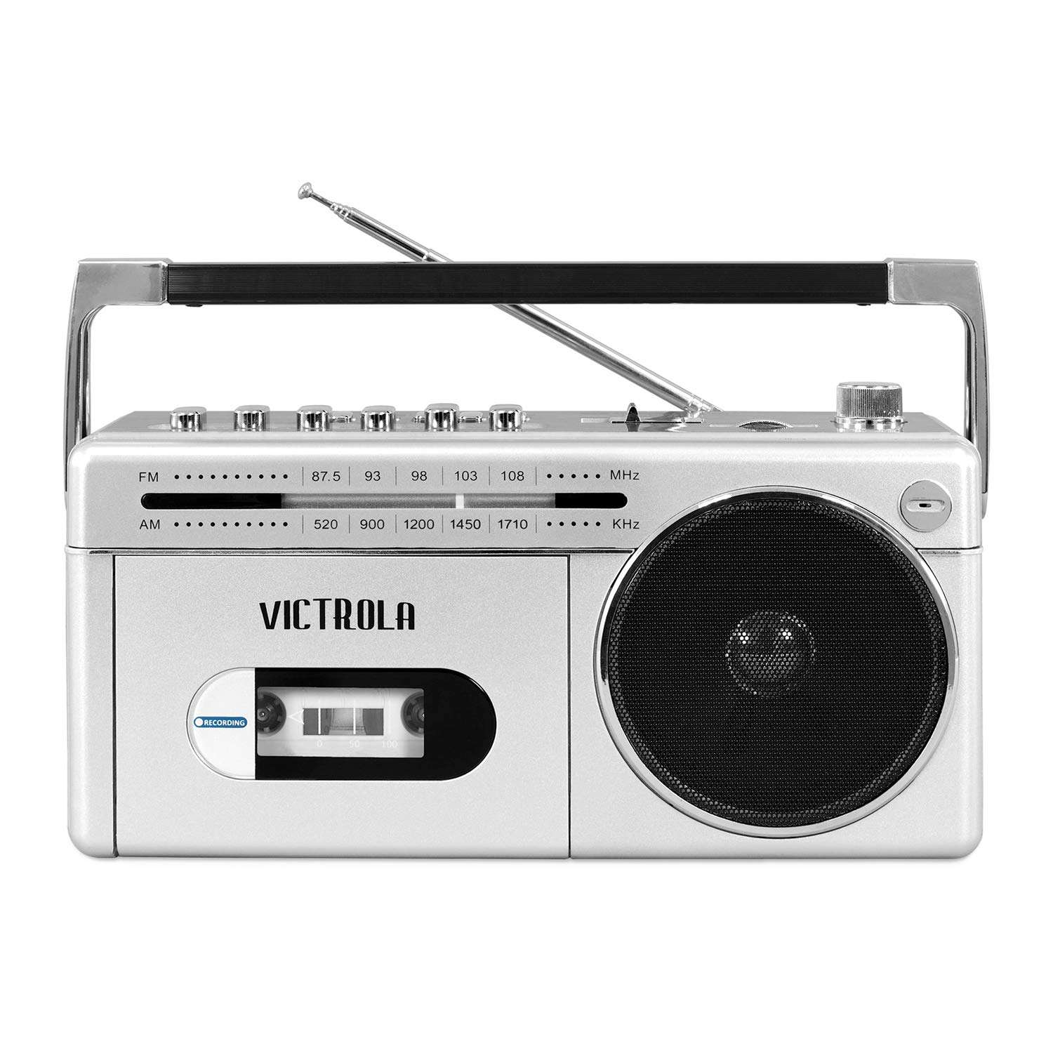 Victrola VBB-25-SLV Mini Bluetooth Boombox Cassette Player Bundle with VSC-550BT-TQ Vintage Suitcase Turntable 4