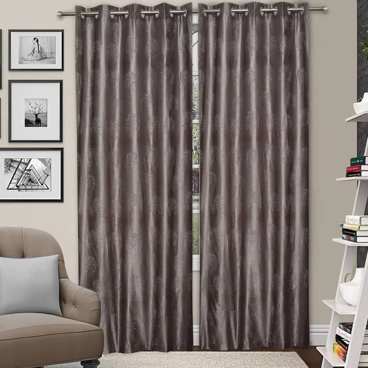 GRIHSHOBHA Polyester Tree Punch Window Plain Room Darkening Thermal Insulated Window Door Curtains Parde for Bedroom, Living Room, 5 Feet Long, Grey, Set of 2 2