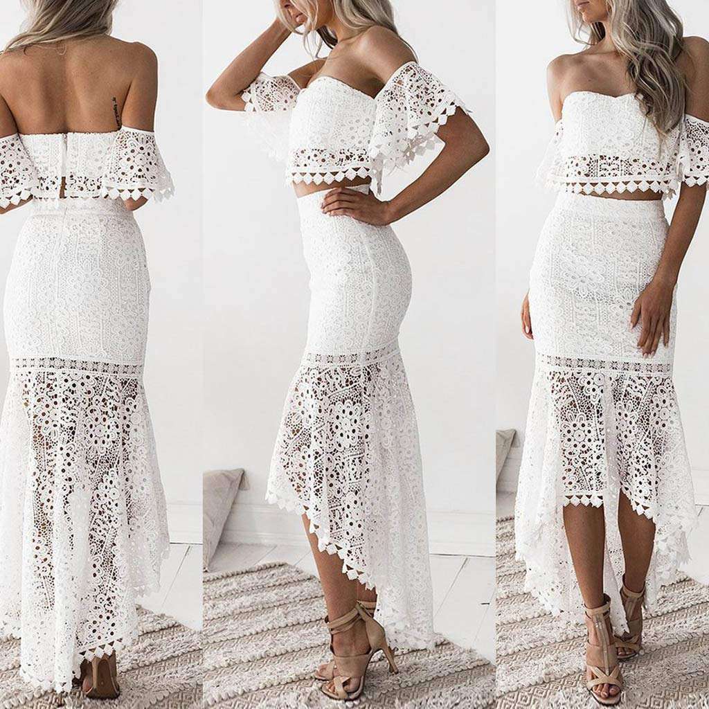 Women's Crop Top Maxi Skirt Set 2 Piece Outfit Dress Bodycon Cocktail Lace Pencil Midi Dress Off Shoulder Crop Top White 3