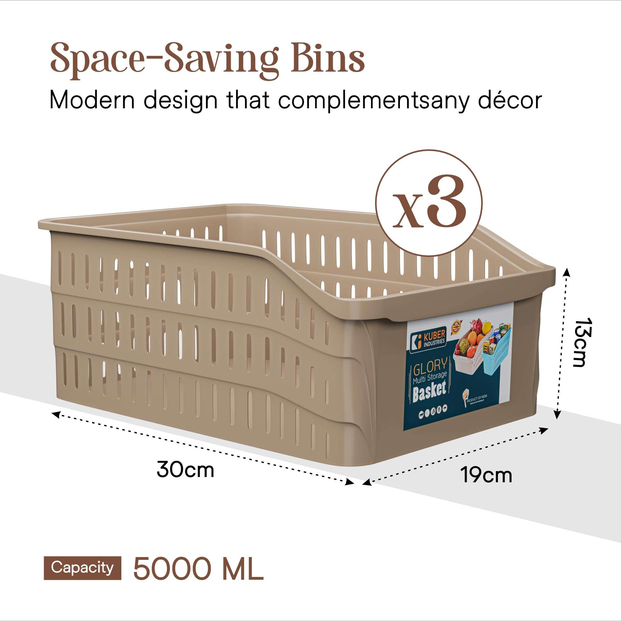 Kuber Industries 5000 ML Set of 3 Plastic Bpa Free Multipurpose Basket for Storage | Fruits and Vegetable Basket for Kitchen and Home Organiser | White, Grey & Beige 4