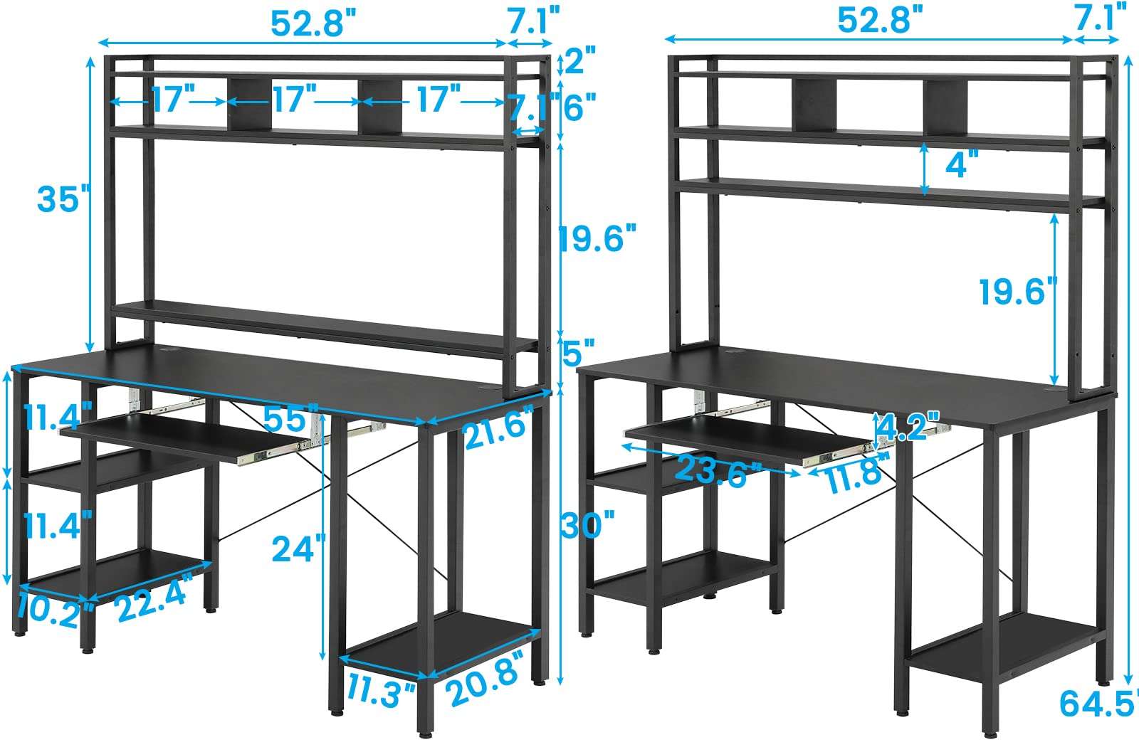 SEDETA Gaming Computer Desk , 55" Desk with LED Lights and Hutch , Storage Shelves , Keyboard Tray & Monitor Stand , Home Office Gamer PC Table , Black 6