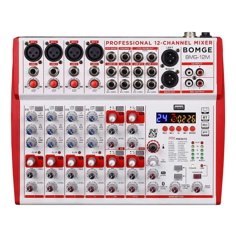 BOMGE 12-Input sound board Mixer with Mic Preamps and Compressors, 24DSP, bluetooth,48V Power,British EQ and USB/Audio Interface fro recording, karaoke and podcast. (12M-12 Channel) 1