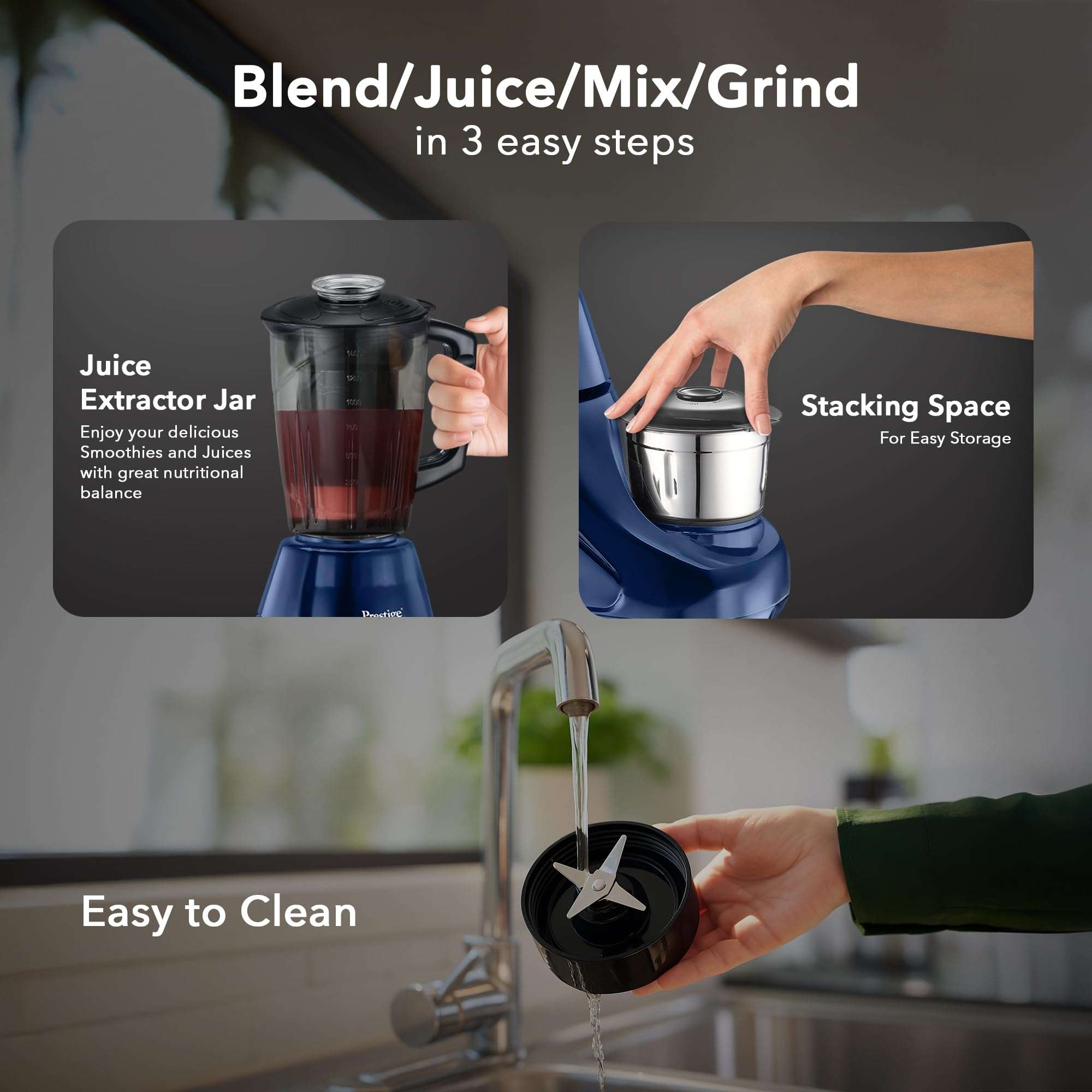 Prestige Astra Neo 750 Watt Mixer Grinder with 4 Jars (3 Stainless Steel + 1 Juicer) | Space-Saving Stacking Design | Super Efficient SS Blades | Blue |2Y Warranty | ISI Certified 6