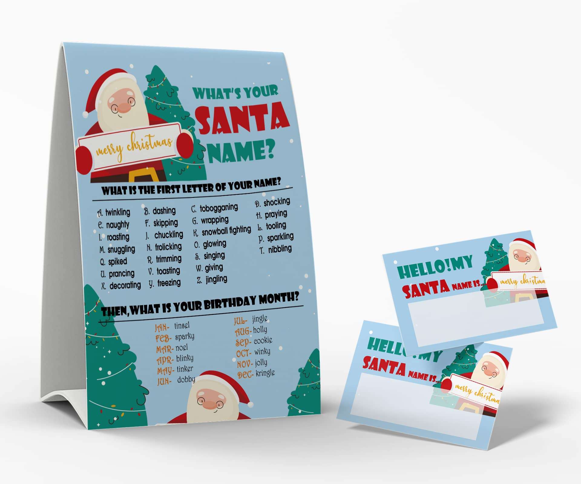 What's Your Santa Name Game, 1 Santa Theme Sign and 50 Name Tag Stickers, Christmas Party Games, Birthday Game for Kids and Adult Parties, Activity Game for Office or Class | JRKP051L 1