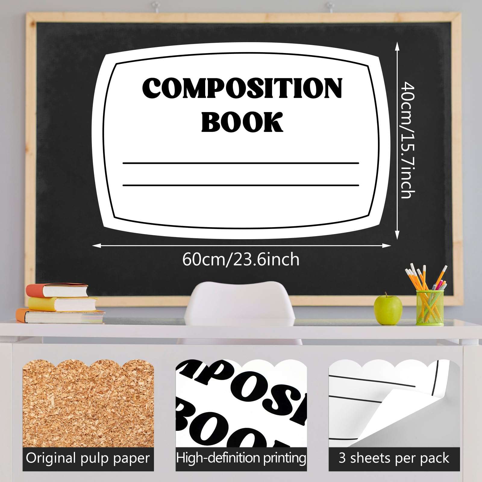 Fuutreo 3 Pcs Composition Book Bulletin Board Paper Composition Notebook Classroom Decor 23.6 x 15.8 Inches Bulletin Board Trim for Schools Classrooms Walls Windows Doors Decoration 3