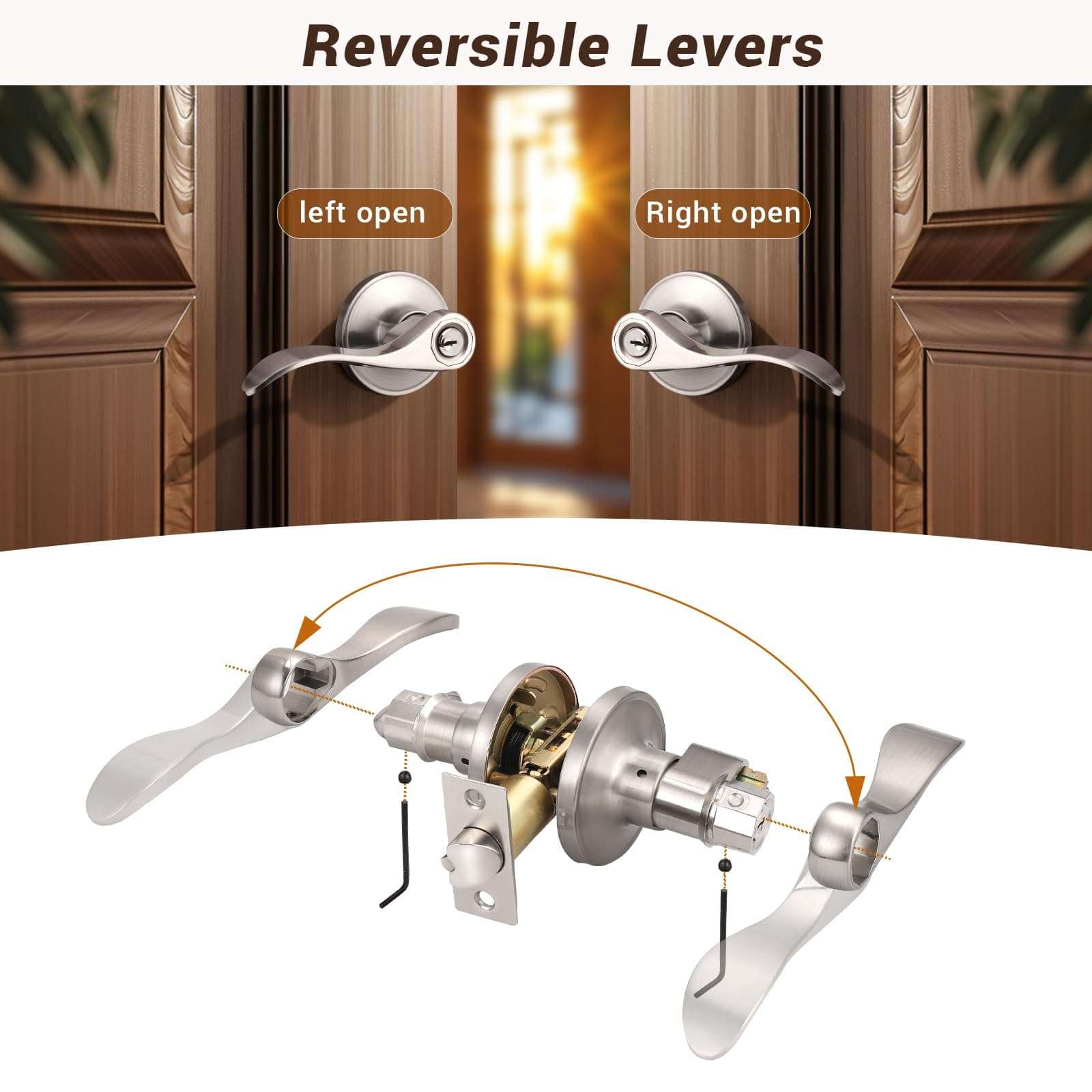 Knobonly 6 Pack Wave Style Door Handles Satin Nickel Finish (Keyed Alike Entry Door Handles) 5