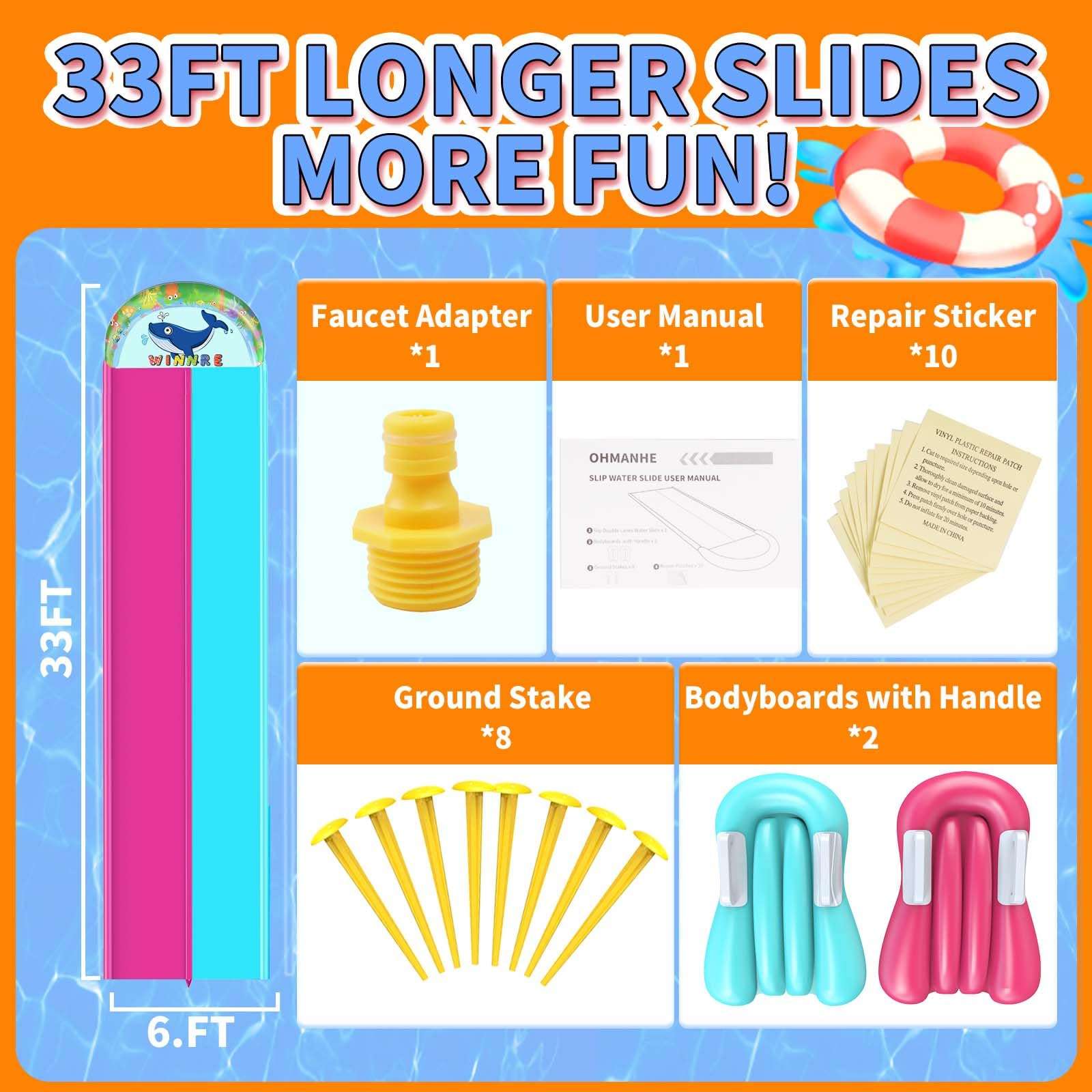 33FT Slip Lawn Water Slide for Kids Adults, Extra-Long Double Lanes Heavy Duty Slides N Side Fences, Giant Water Slide with Splash Pool, 2 Bodyboards with Handles, Slip Backyard Summer Water Play Toy 3