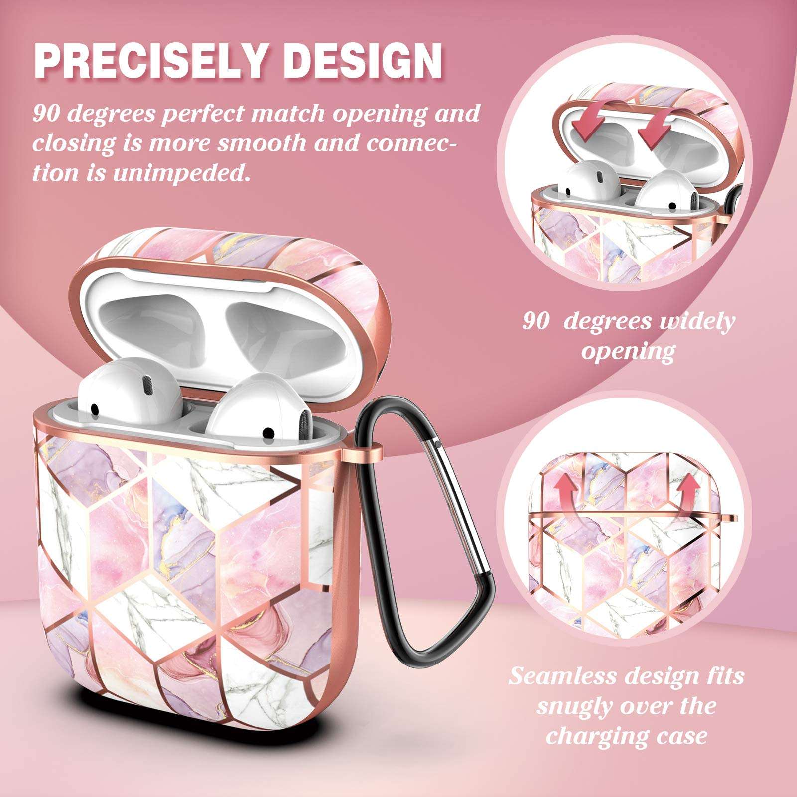 Hasaky Case for AirPods Case Cover, Girls/Woman/Men/Boys Portable (with Keychain) Cute Rose Gold Marble Series Hard Shockproof Anti-Scratch Protective Case for Apple AirPods 1st/2nd -Pink Marble. 4