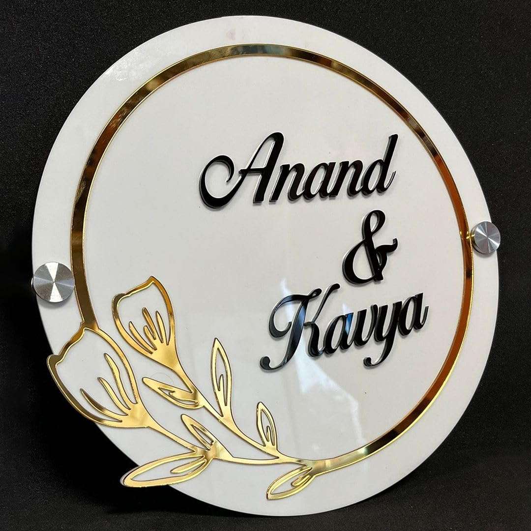 CHELNA Customized Acrylic Floral Pattern with Ring Laser Cut Nameplate with Stainless Studs for Door Entrance (White) (12inchX12inch) 4