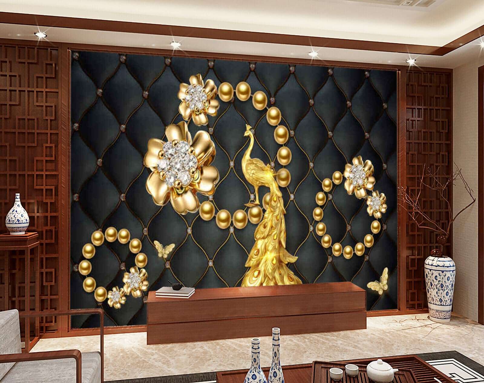 Wall26 - WEZ2113 Designed Flower Ivory Jewellery Pearls Peacock Butterfly Flowers Peacock Beautiful HD 3D Wall Sticker[7 ft x 6 ft] / [213 cm x 183 cm] 5