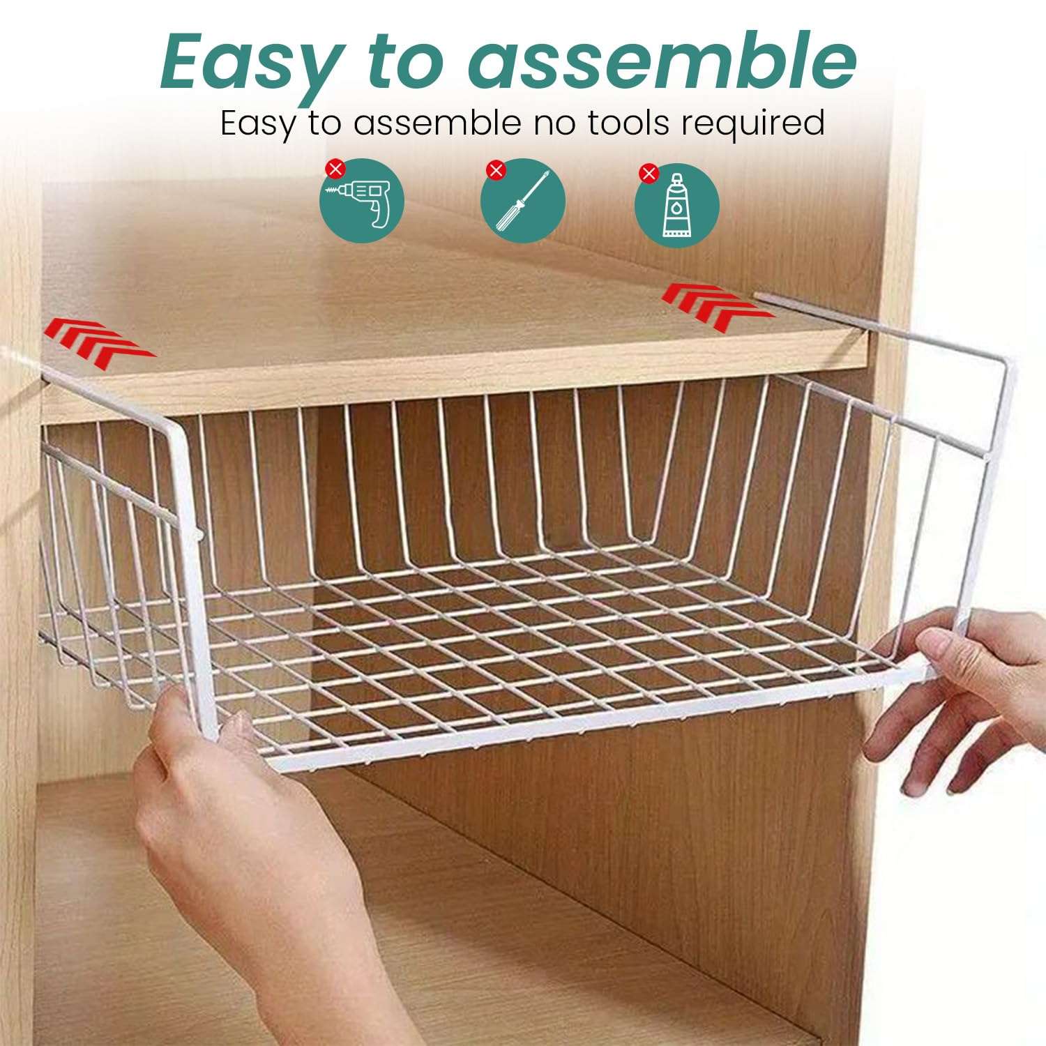 Go Hooked 16 Inch Undershelf Storage Basket Pack of 1 | Multipurpose Under Shelf Organizer | Hanging Wire Basket for Cabinet, Shelf, Pantry, Cupboard, Closet, Desk, and Bathroom (White) 5