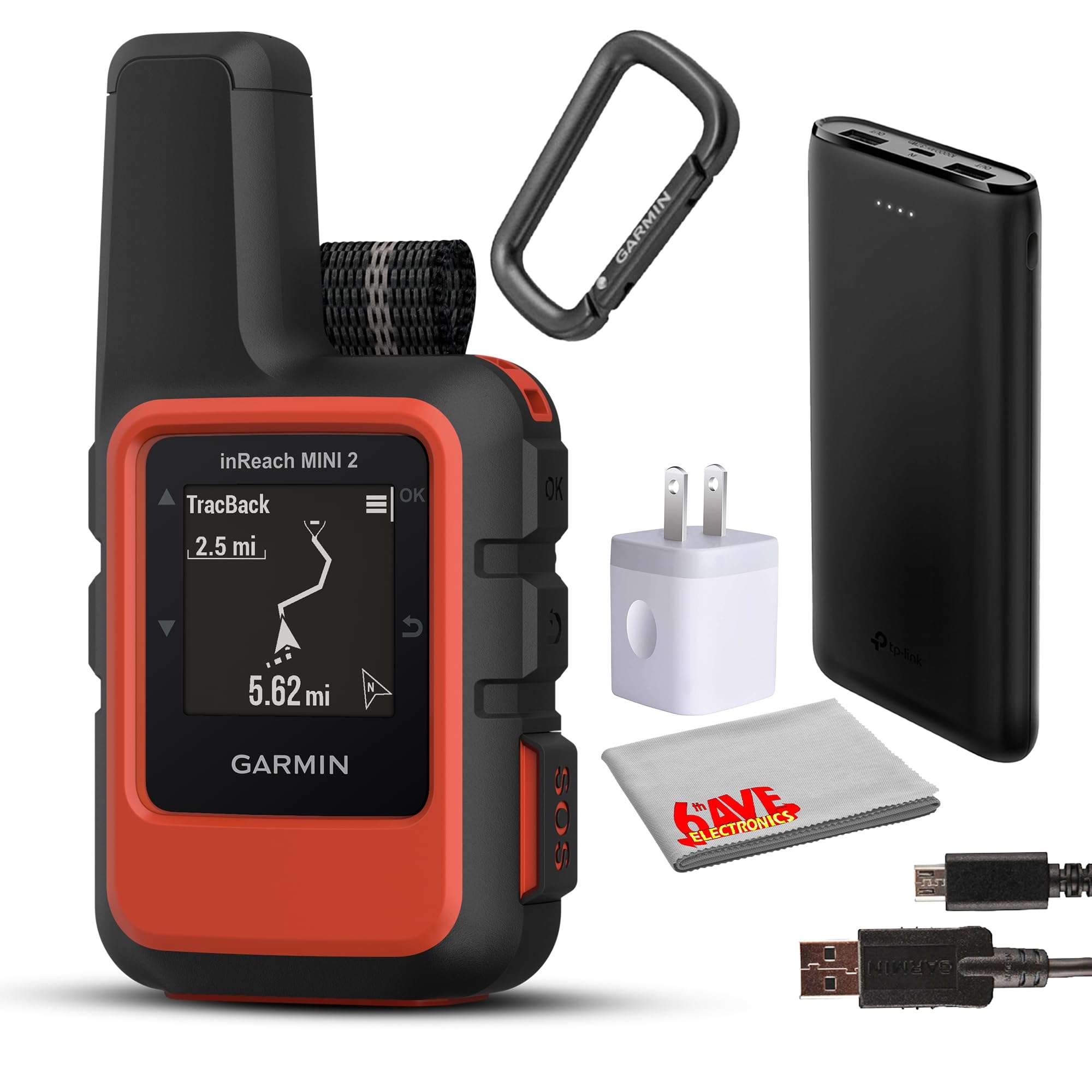 Garmin inReach Mini 2 Compact Satellite Communicator, Lightweight Rugged Design, Portable GPS Handheld for Hiking, Two-Way Text Messaging Device Bundle with Accessories (Flame Red)