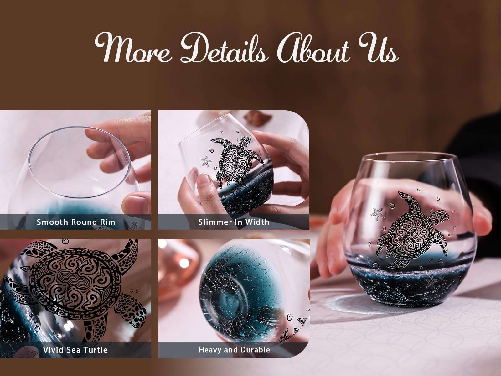 Sea Turtle Wine Glasses Set 4-13.3oz Crackle Teal Design, Hand blown Tortoise Wine Tumbler,Sea Turtle Gifts for Women, Birthday/Housewarming/Christmas Gifts for Seaturtle Lovers(4Count, Black) 5