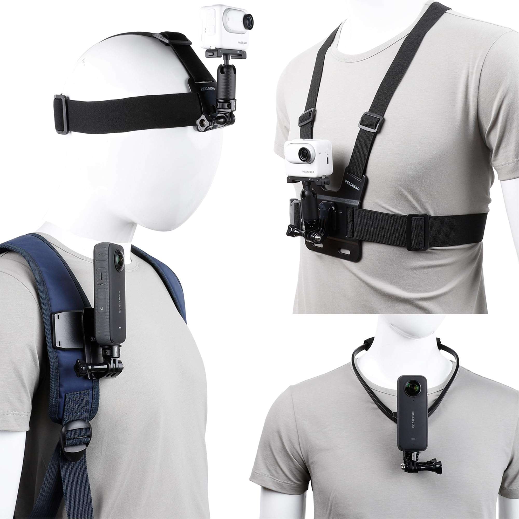 PellKing Accessories Kit for Insta360 ONE GO 3 X3 X2 X RS R, 4in1 Chest Strap Mount Harness/Head Mount/Neck Holder/Backpack Strap Mount for GoPro DJI Action Camera 1