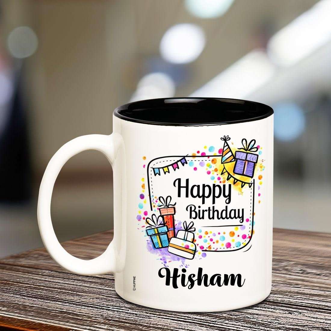 Huppme Happy Birthday Hisham Inner Black Coffee Name Mug 2
