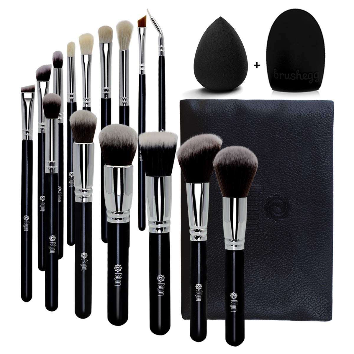 Makeup Brush Set，FEIYAN 15pcs Make up Brushes Soft and Dense Vegan Bristles Powder Foundation Eyeliner Eyebrow Blush Eyeshadow Blending Brush Kit with Case and Makeup Sponge Brush Cleaner 1