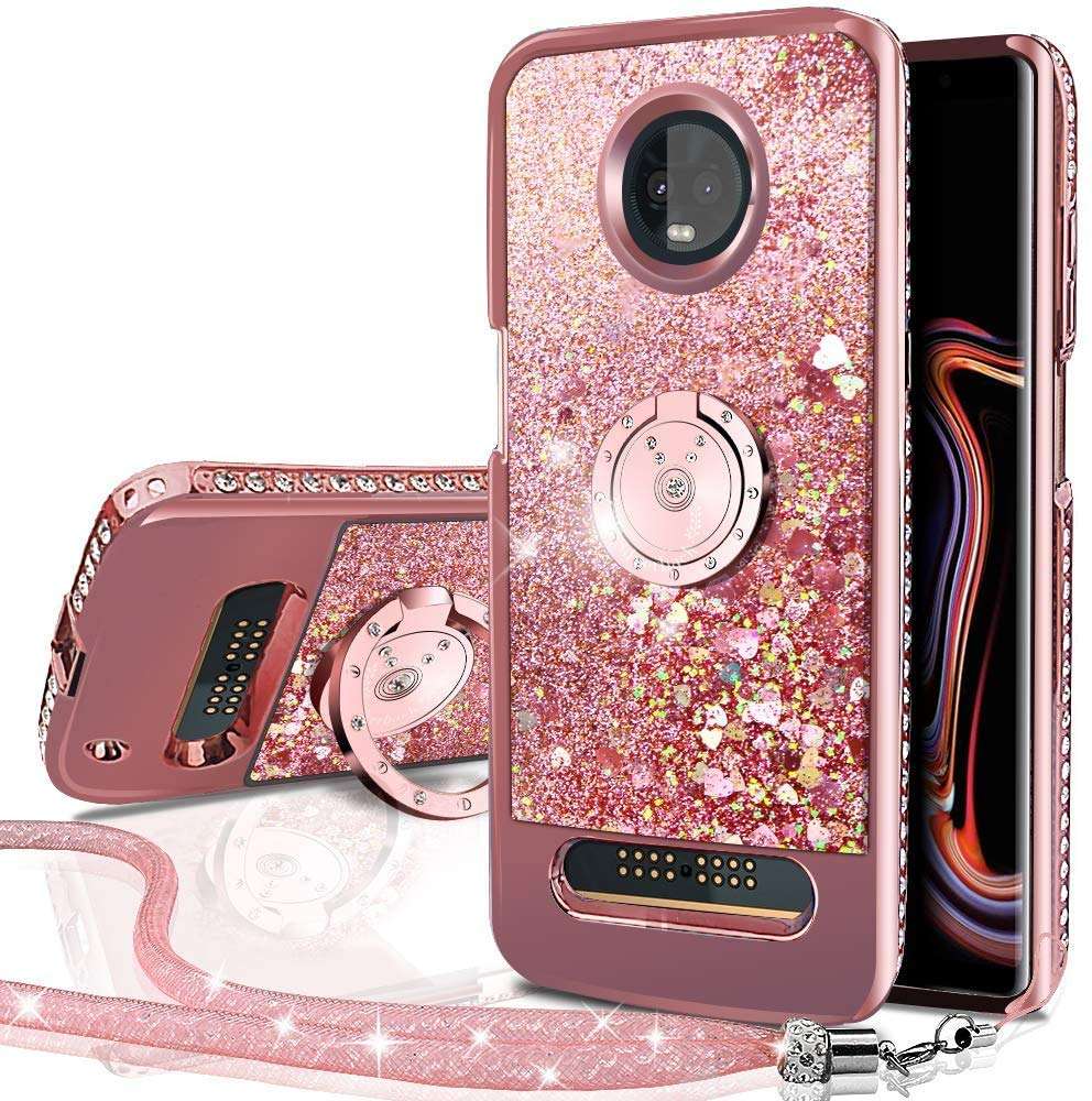 Silverback Moto Z3 Case,Moto Z3 Play Case, Moving Liquid Holographic Sparkle Glitter Case with Kickstand, Bling Diamond Bumper with Ring Stand Slim Protective Motorola Z Play (3D Gen) -Rose Gold W 1