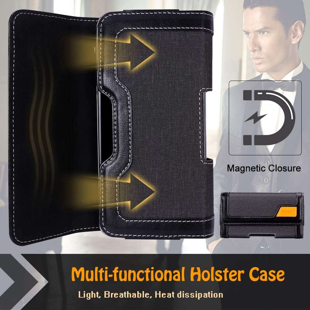 Skycase Holster Case for iPhone 11 Pro Max 6.5,Handmade PU Leather Belt Clip Pouch Wallet Phone Case for iPhone 6 6S 7 8 Galaxy S8 S6 S7 LG g6 Google Pixel 4 Pixel 3 (Fits Up to 6.5" Cellphone) Black 3