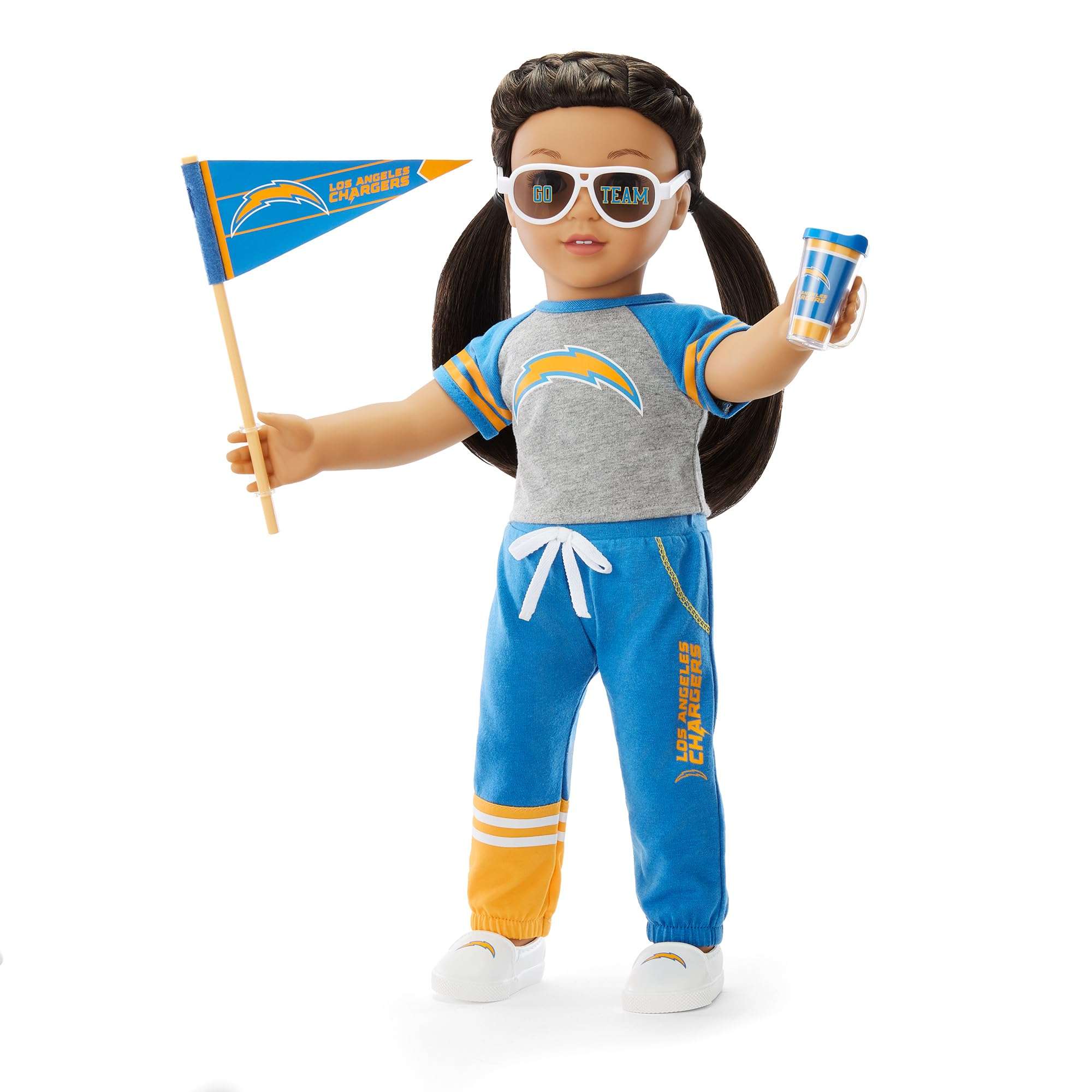 American Girl Los Angeles Chargers 18 inch Doll Fan Outfit and Accessories, Blue and Yellow, 6 pcs, Ages 6+ 1