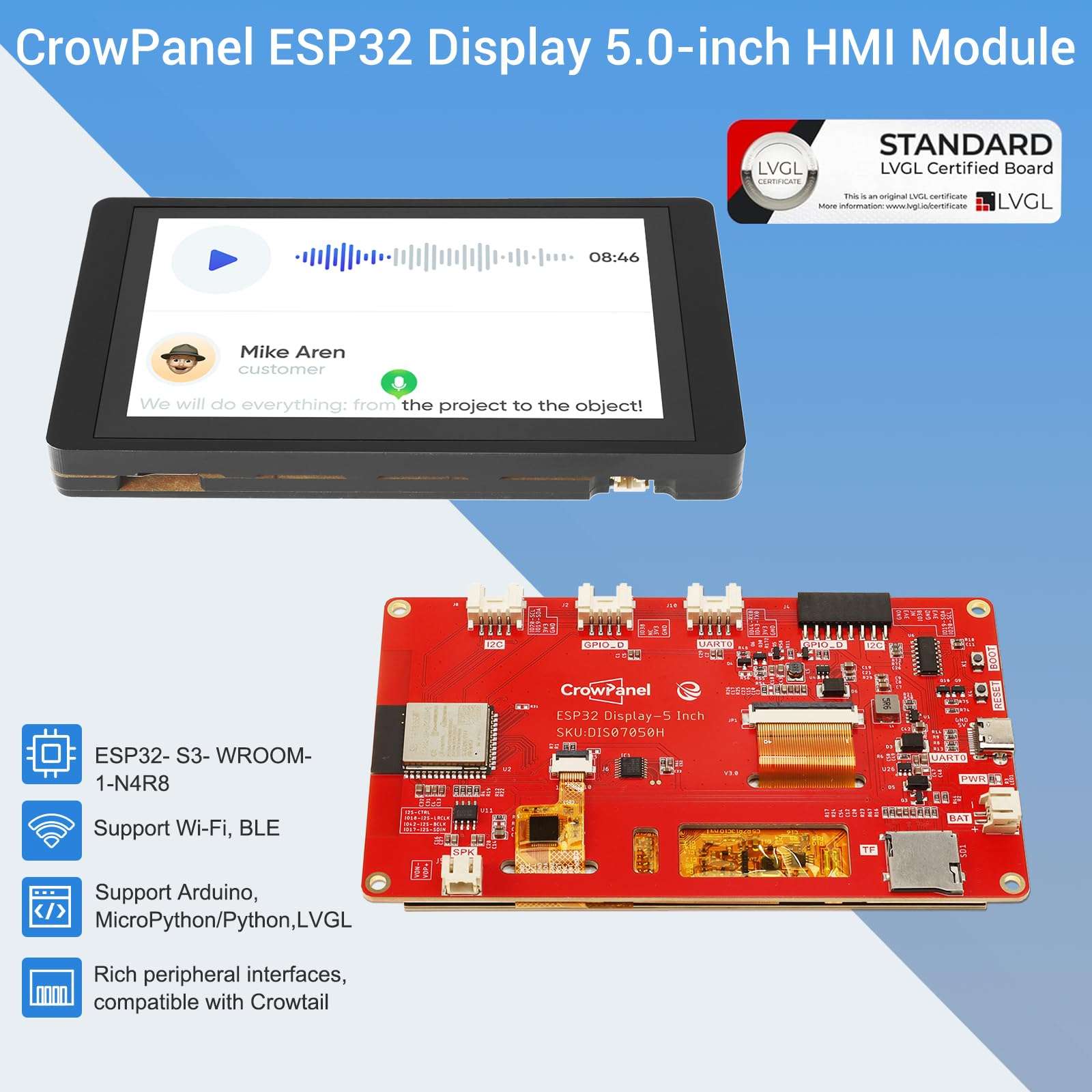 ESP32 Touchscreen Monitor 5 Inch TFT LCD Touch Screen 800x480 SPI HMI Display ESP32-S3 3