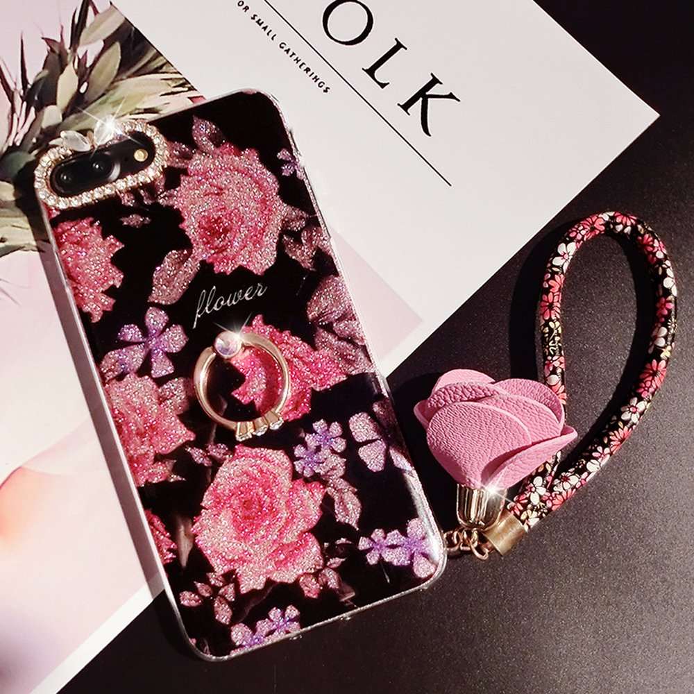 iPhone 8 Plus Case,iPhone 7 Plus Glitter Case,ikasus Bling Rhinestone Diamond Glitter Sparkle Ring Kickstand Roses Pendant Soft Silicone TPU Bumper Protective Cover Case for iPhone 8 Plus / 7 Plus, 1 2