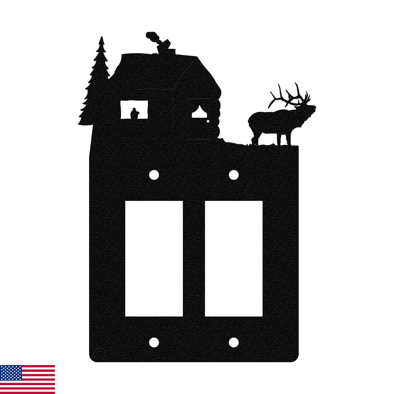 Elk & Cabin Double Gang Light Switch Wall Plate (Double Rocker (GFCI), Black) 1