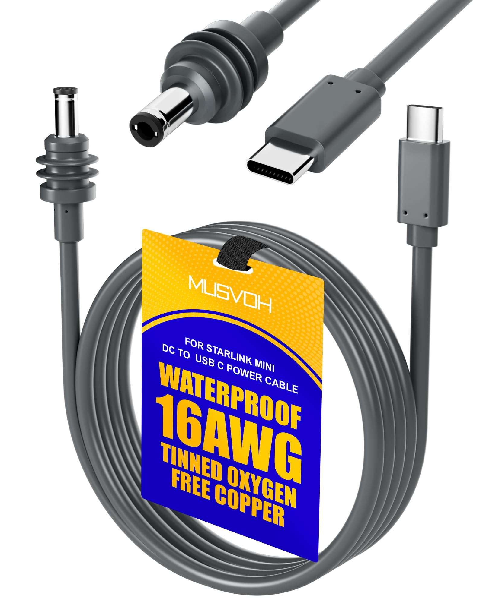 MUSVOH for Starlink Mini Cable USB C to DC Power Cords 11FT/3.3M, Type C to DC for Starlink Mini Cords Adapter with Tinned Oxygen-Free Copper OFC 16AWG Waterproof Outdoor 1